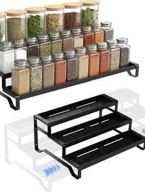 Expandable spice rack organizer 3 tier metal cabinet pantry shelf seasoning hold
